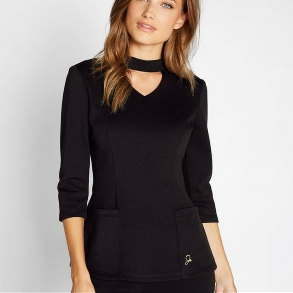 Jaanuu Ponte collection 3/4 length sleeves mock neck & cutout in Black. Small